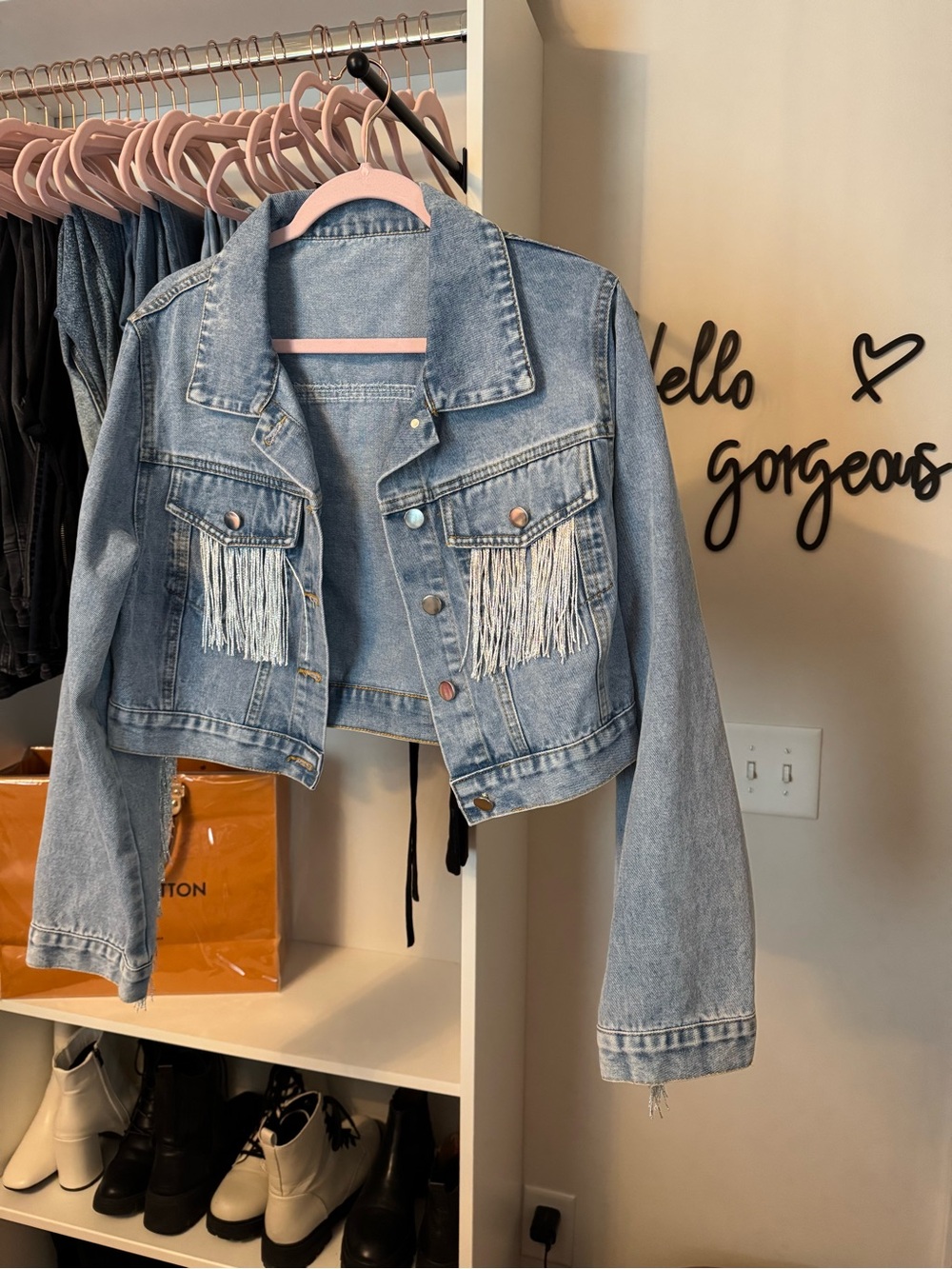 Cropped Light Wash Denim Jacket with Fringe